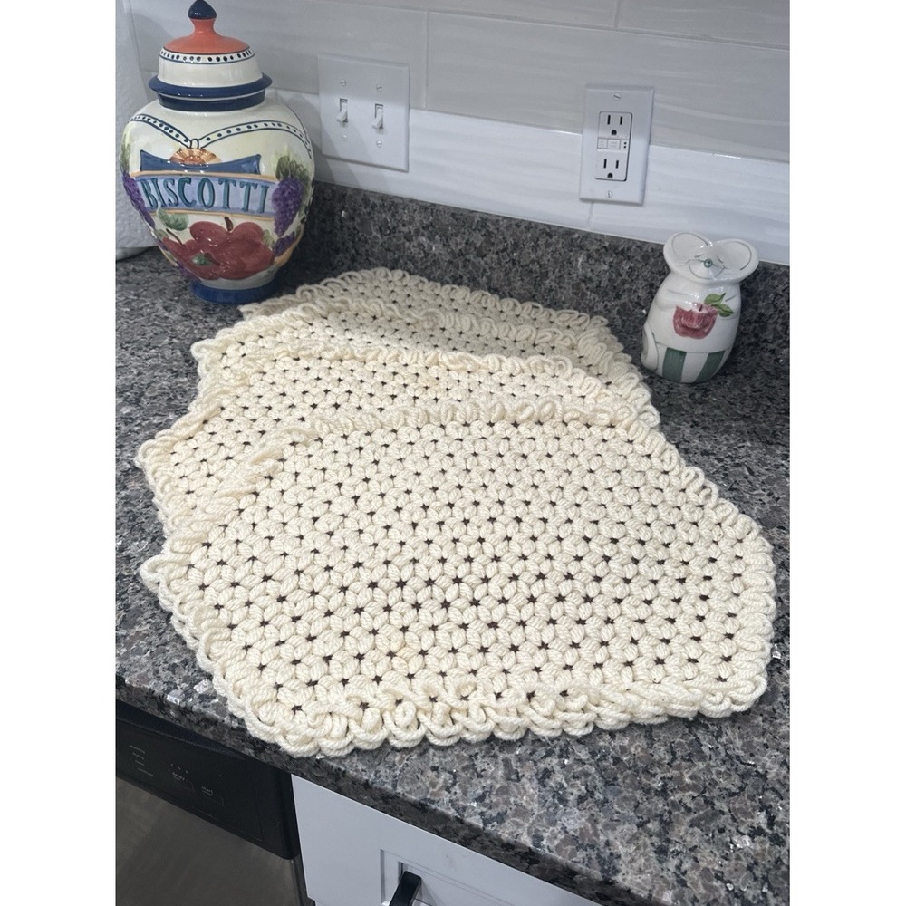 Vintage Placemats yarn crochet kitchen(4 total) Brown and Beige handmade Thick